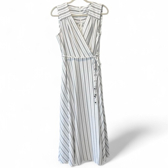 Calvin Klein Gray White Stripe Wrap Maxi Dress Size 10 - Picture 2 of 10